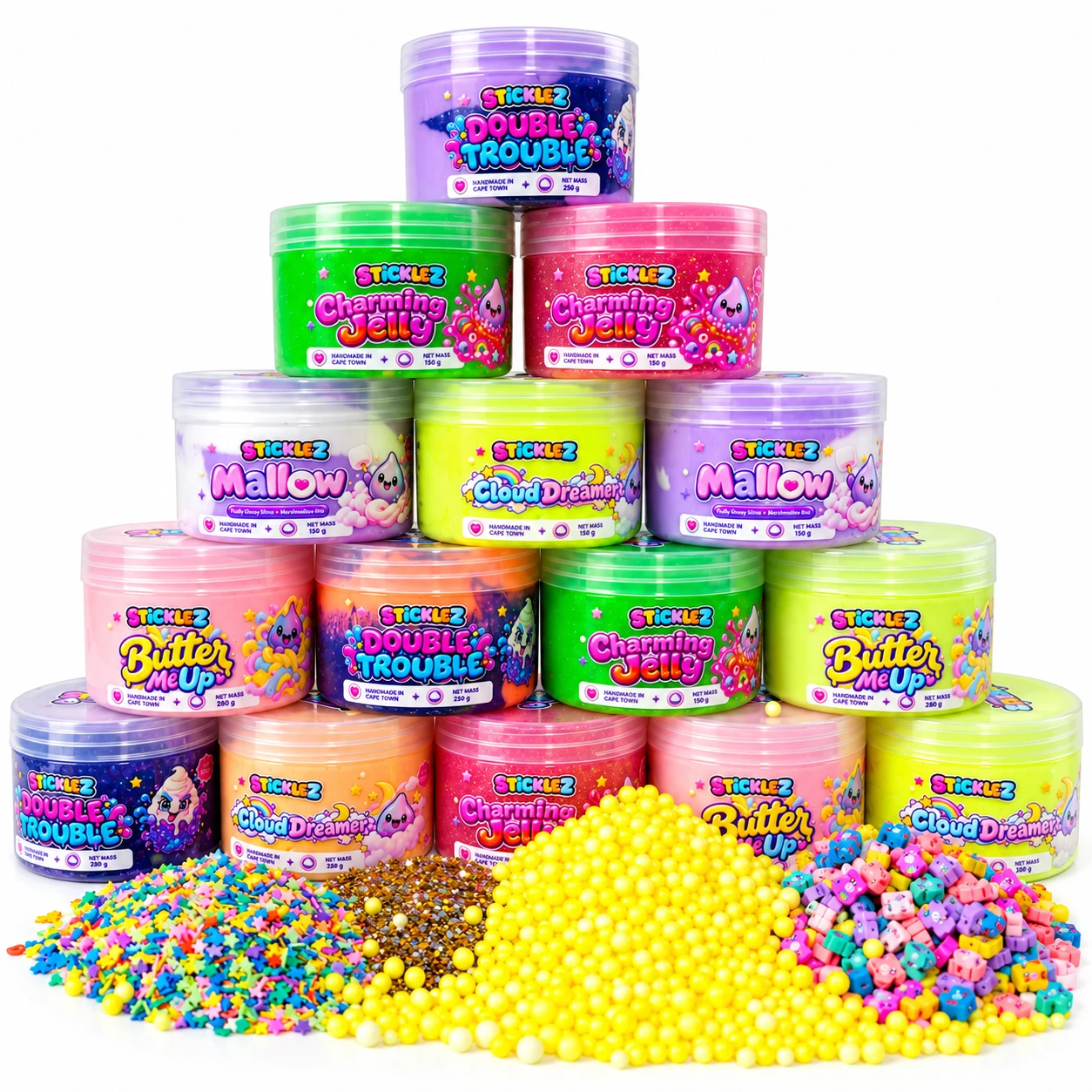 Colourful Sticklez slime range with charms, sprinkles and foam beads